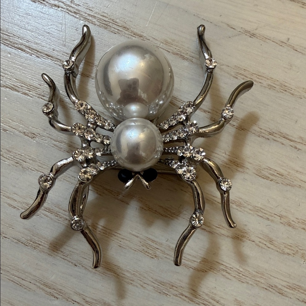 Funky Silver and Pearl Spider Brooch